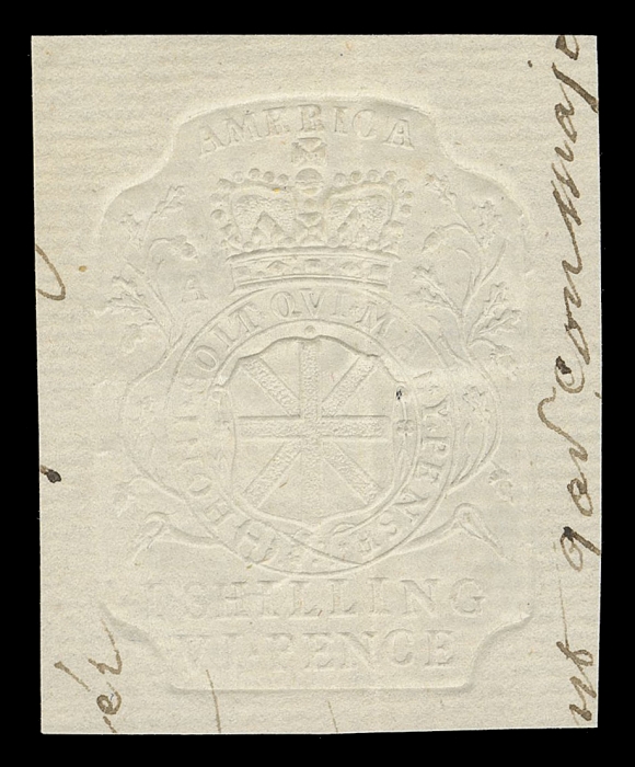 CANADA REVENUES (PROVINCIAL)  QAE7,Sharp impression of the embossing on laid paper 35 x 43mm; document manuscript at sides and faint vertical crease, inconsequential for this very rare embossed revenue; one of only five known in private hands (off or on document) by Zaluski, VF (Scott Specialized RM28)  ex. Unknown provenance (Sissons Sale 392, May 1979; Lot 751)