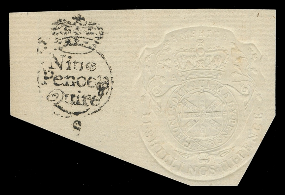 CANADA REVENUES (PROVINCIAL)  QAE9,Superb albino impression on irregular shape laid paper along with costmark (additional tax amount) Nine Pence Quire "Crown" circle handstamp in black at left. One of only four examples of the "II SHILLINGS III PENCE" Die A recorded (off or on document) by Zaluski, VF (Scott Specialized RM30) ex. Unknown provenance (Sissons Sale 392, May 1979; Lot 754), Unknown provenance (Maresch Sale 189, September 1986; Lot 386 - described as "greatly undercatalogued. Sold in 1979 for $1,850.")