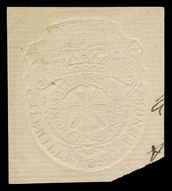 CANADA REVENUES (PROVINCIAL)  QAE10,Fabulous albino impression on laid paper 39 x 39mm; small document manuscript at right away from the embossed revenue. Exceedingly rare as this "II SHILLINGS III PENCE" Die B is one of only two examples known in private hands (off or on document) by Zaluski, VF (Scott Specialized RM30) ex. Unknown provenance (Sissons Sale 392, May 1979; Lot 752), Unknown provenance (Maresch Sale 189, September 1986; Lot 387)