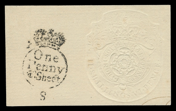 CANADA REVENUES (PROVINCIAL)  QAE11,Sharp albino impression on laid paper 68 x 41mm along with costmark (additional tax amount) One Penny Sheet "Crown" circle handstamp in black at left. Very scarce with eighteen examples (off or on document) recorded by Zaluski, VF (Scott Specialized RM31a) ex. Unknown provenance (Sissons Sale 392, May 1979; Lot 757 - realized $1,050 hammer), Unknown provenance (Maresch Sale 189, September 1986; Lot 389)