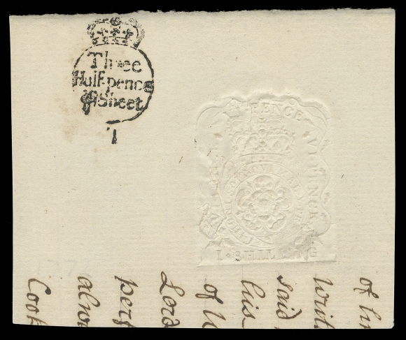 CANADA REVENUES (PROVINCIAL)  QAE12 variety,Clear albino impression which had been overstruck by Great Britain Two Shillings Six Pence embossed revenue stamp on thick laid paper 85 x 70mm along with costmark (additional tax amount) Three Half-pence Sheet "Crown" circle handstamp in black at top left; document manuscript at foot. One of only four examples of this overstruck "IIII SHILLINGS" embossed revenue (off or on document) recorded by Zaluski, VF (Scott Specialized RM33 variety; Van Dam unlisted)