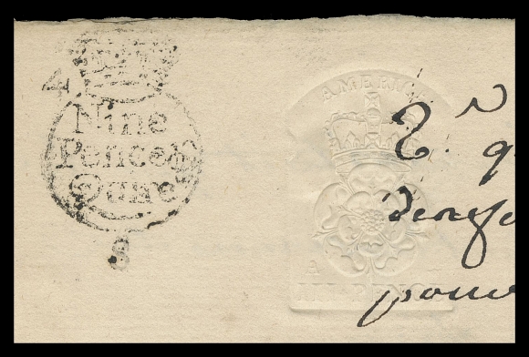 CANADA REVENUES (PROVINCIAL)  QAE1,Superb albino impression of the embossing on folded (four-page) document handwritten in French at Montreal, along with costmark (additional tax amount) Nine Pence Quire "Crown" circle handstamp in black at top left; edge wear at right, partial document split along fold, nevertheless a very rare embossed revenue - being one of only four examples of the "III PENCE" Die A recorded in private hands (in any condition; off or on document) by Zaluski, VF strike (Scott Specialized RM24) ex. Wilmer Rockett (Part II,  December 1999; Lot 538)