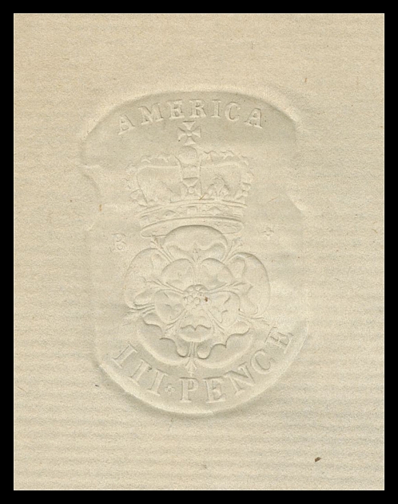 CANADA REVENUES (PROVINCIAL)  QAE2,Superb impressed albino embossing at top left of a folded single document page 212 x 332mm, docketing in French on reverse dated "février 1766"; typical edge wear to page, well away from the embossing and surrounding area which are remarkably fresh and clean. Only five examples of the 3p Die B have been recorded in private hands (in any condition; off or on document) by Zaluski, VF (Scott Specialized RM24) 