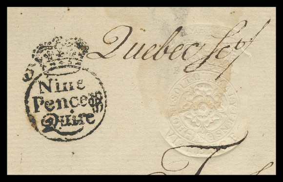 CANADA REVENUES (PROVINCIAL)  QAE5,Sharp albino impression of the embossing on folded document page handwritten in English at Quebec, the latter manuscript over impression, signed by General Murray, Governor of Quebec; docketing date "5th June 1766" at foot. Alongside embossed revenue is a costmark (additional tax amount) Nine Pence Quire "Crown" circle handstamp in black; light staining around embossed revenue quite negligible. Adhesive along first fold at top mostly visible from the back, severed along second fold, couple nicks at sides to this otherwise exceedingly rare document, Fine; only seven examples of the "VI PENCE" Die B have been recorded - one other example on document and five cut squares. (Scott Specialized RM26) ex. Wilmer Rockett (Part II, December 1999; Lot 539)