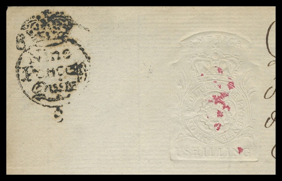 CANADA REVENUES (PROVINCIAL)  QAE6,Sharp albino impression of the embossing on folded document page handwritten in French at Quebec. Alongside embossed revenue is a costmark (additional tax amount) Nine Pence Quire "Crown" circle handstamp in black; minor extraneous ink specks in embossed revenue. Adhesive along first fold at top mostly visible from the back, typical edge wear and fold nicks are the norm for these rare 18th century documents, very scarce and Fine (Scott Specialized RM27)