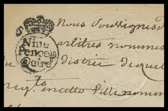 CANADA REVENUES (PROVINCIAL)  QAE9,Very fine albino impression of the embossing on folded document page handwritten in French at Quebec, the latter manuscript over impression, docketing "2 Avril 1766" date on reverse. Alongside embossed revenue is a costmark (additional tax amount) Nine Pence Quire "Crown" circle handstamp in black; usual edge wear and small nicks at folding lines, Fine - away from the very fine embossed revenue of which a mere four examples of the "II SHILLINGS III PENCE" Die A have been recorded (off or on document) by Zaluski, Fine (Scott Specialized RM30) 