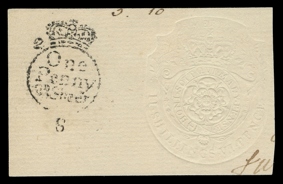 CANADA REVENUES (PROVINCIAL)  QAE11,Sharp albino impression on laid paper 68 x 41mm along with costmark (additional tax amount) One Penny Sheet "Crown" circle handstamp in black at left; faint vertical crease mentioned for strict accuracy. Eighteen examples (off or on document) are recorded by Zaluski, VF (Scott Specialized RM31a) ex. Unknown provenance (Sissons Sale 392, May 1979; Lot 758 - realized $1,050 hammer)