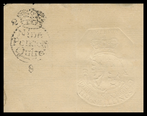 CANADA REVENUES (PROVINCIAL)  QAE12,Very fine strike of the albino embossing on folded two-page document handwritten in French, docketing "2 février 1766" date on reverse. Alongside embossed revenue is a costmark (additional tax amount) Nine Pence Quire "Crown" circle handstamp in black; various edge faults, some splitting and staining at bottom, Fine appearance; the very rare embossed revenue is well clear of any manuscript and is more importantly in flawless condition, VF; a mere four examples of the "IIII SHILLINGS" have been recorded (off or on document) by Zaluski (Scott Specialized RM33) 