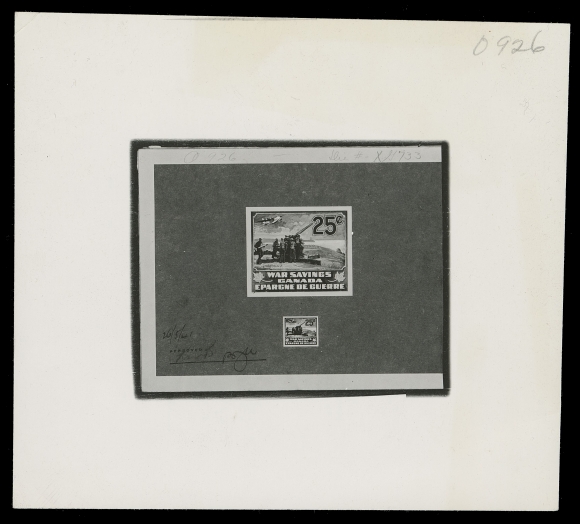 CANADA REVENUES (FEDERAL)  Appealing and highly unusual lot of 13 different photographic essays and proofs, showing various designs, some are only the central vignette while others complete with denominations. Also includes seven duplicates, many with "O926" pencil notation on front or back. A rare assembly and would be an ideal addition to an exhibit, VF