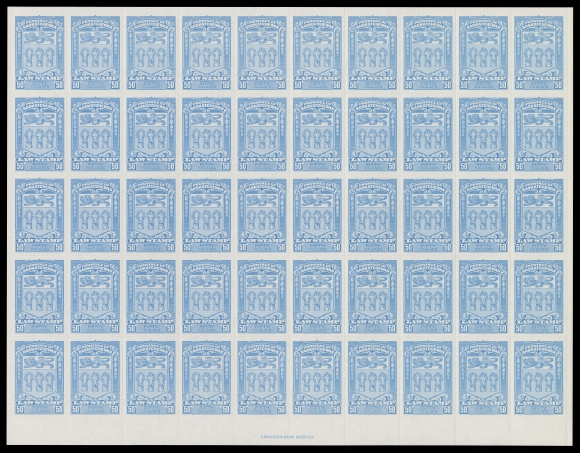 CANADA REVENUES (PROVINCIAL)  SL68-SL78,A fabulous, complete set of eleven in mint full sheets of 50 - all in excellent state of preservation and showing Canadian Bank Note Co. imprint at centre of bottom sheet margin on each sheet. A rare set in full sheets with an original face value of $4,592, VF NH (Van Dam $6,000 as singles)