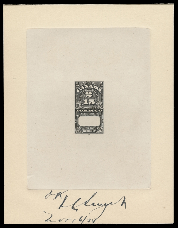 CANADA REVENUES (FEDERAL)  The set of two in beautiful Large Die Proofs in black, colour of issue on india paper die sunk on large cards with intact flyleaf overlay, both signed by engraver and "O.K." dated Oct. 9 / 34 and Nov 16 / 34 respectively and showing CBN Engraving Dept backstamps. An impressive duo, VF and rare (Ryan Tobacco catalogue RN4-RN5; die proofs)