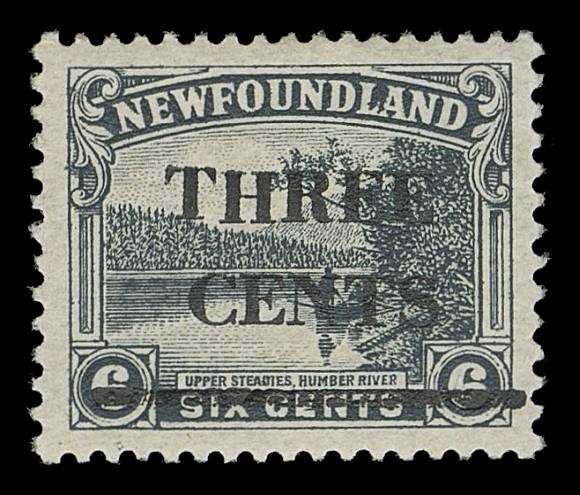 THE AFAB COLLECTION - NEWFOUNDLAND 1897-1947 ISSUES  160ii,An unusually well centered, fresh mint example of the trial surcharge IN BLACK, Type II narrow spacing (3mm) between "CENTS" and horizontal bar, full original gum, very lightly hinged; pencil signed by expert Herbert Bloch on reverse along with his certificate, VF+ VLH