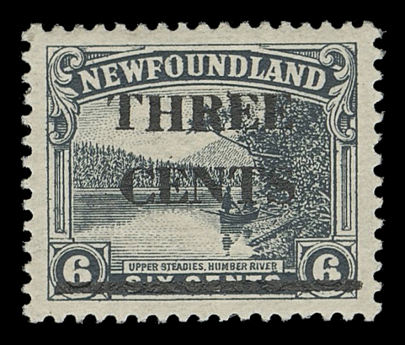THE AFAB COLLECTION - NEWFOUNDLAND 1897-1947 ISSUES  160i,A superbly centered mint example with trial surcharge IN BLACK, Type I showing wide spacing (5mm) between "CENTS" and horizontal bar, full original gum with barest trace of hinging, very seldom encountered with such remarkable centering, XF VLH; 1986 BPA cert.