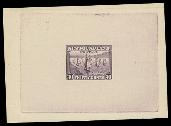 THE AFAB COLLECTION - NEWFOUNDLAND 1897-1947 ISSUES  198,Trial Colour Large Die Proof in mauve on white wove unwatermarked paper 95 x 67mm; full die sinkage, the completed die with guideline and albino reverse die number "963", very attractive, VF