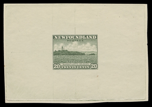 THE AFAB COLLECTION - NEWFOUNDLAND 1897-1947 ISSUES  196,Die Proof printed in green on white unwatermarked wove paper 85 x 58mm; shows complete die sinkage. The approved state of the die with guideline, no die number; small pencil "Final 24.6.31" on back, VF