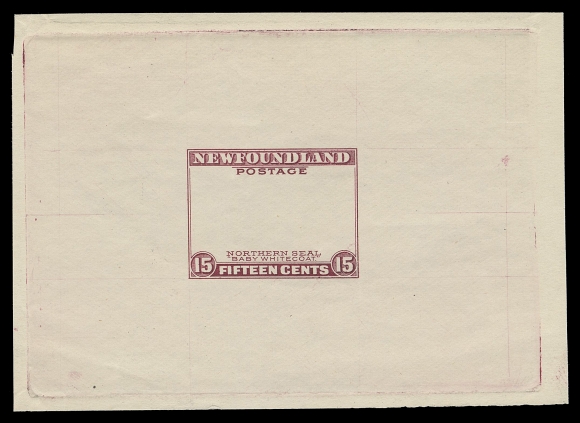 THE AFAB COLLECTION - NEWFOUNDLAND 1897-1947 ISSUES  195,Progressive Die Proof of the surrounding frame, no vignette, printed in dark reddish purple on white unwatermarked wove paper 87 x 62mm with full sinkage, pencilled date "18.6.31" by engraver on reverse. A visually striking and rare progressive proof, XF