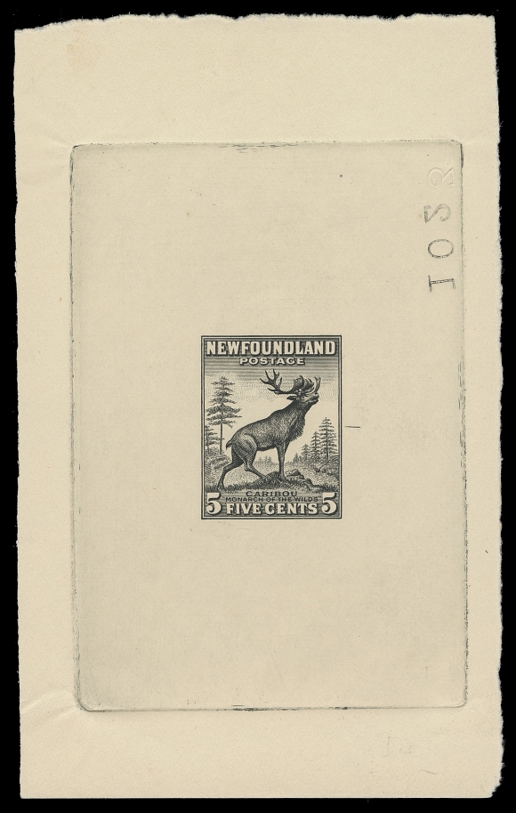THE AFAB COLLECTION - NEWFOUNDLAND 1897-1947 ISSUES  191,Trial Colour Die Proof in black on white wove unwatermarked paper 70 x 115mm; the completed die with guideline reversed die number "1023". Shows full die sinkage, superb in all respects, XF