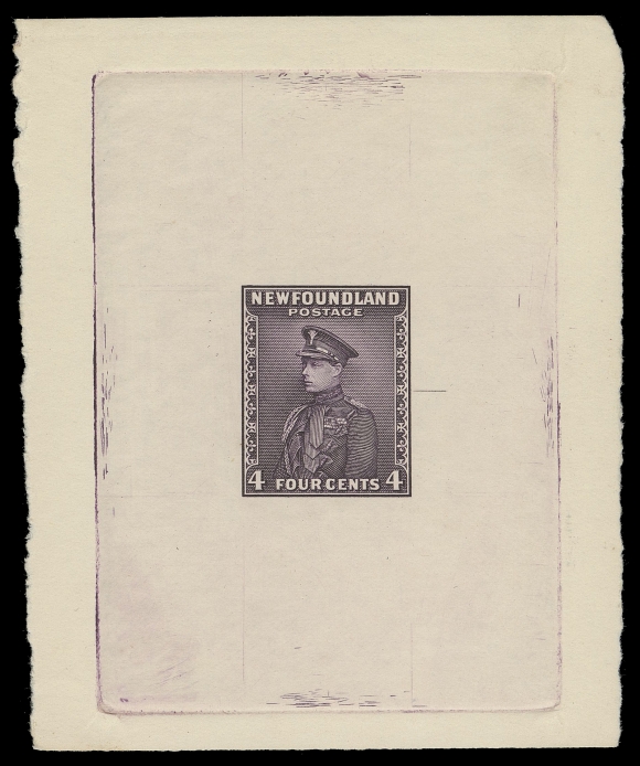 THE AFAB COLLECTION - NEWFOUNDLAND 1897-1947 ISSUES  188,Die Proof printed in dark violet, issued colour, on white wove unwatermarked paper 74 x 91mm; the approved die with guideline at right and no die number. Shows full die sinkage, superb in all respects, XF