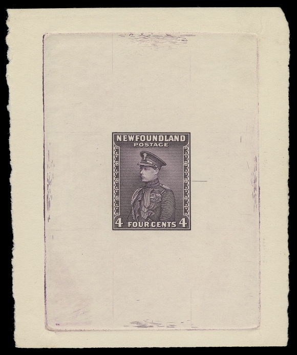 THE AFAB COLLECTION - NEWFOUNDLAND 1897-1947 ISSUES 188,Die Proof printed in dark violet, issued colour, on white wove unwatermarked paper 74 x 91mm; the approved die with guideline at right and no die number. Shows full die sinkage, superb in all respects, XF