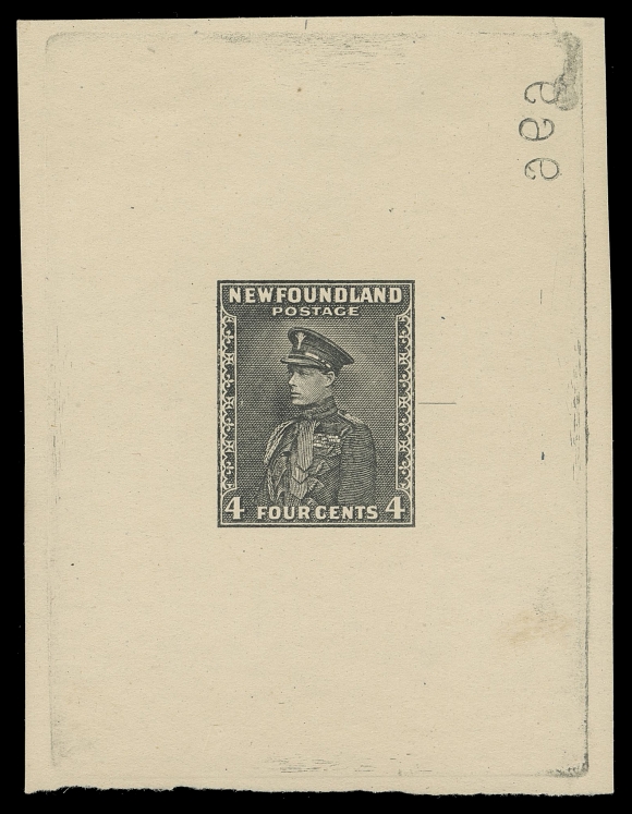 THE AFAB COLLECTION - NEWFOUNDLAND 1897-1947 ISSUES  188,Trial Colour Die Proof in black on yellowish wove unwatermarked paper 63 x 82mm, full die sinkage; the final die with guideline and reverse die number "969" at top right, choice, VF