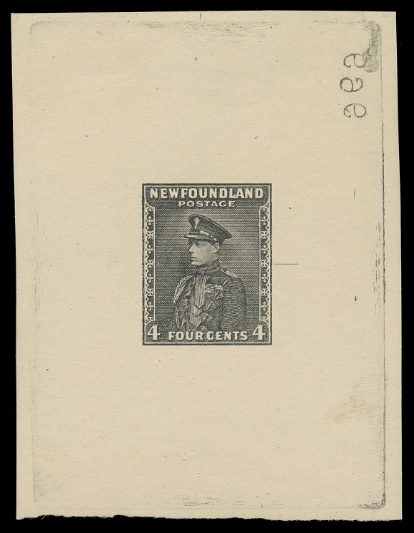 THE AFAB COLLECTION - NEWFOUNDLAND 1897-1947 ISSUES 188,Trial Colour Die Proof in black on yellowish wove unwatermarked paper 63 x 82mm, full die sinkage; the final die with guideline and reverse die number "969" at top right, choice, VF