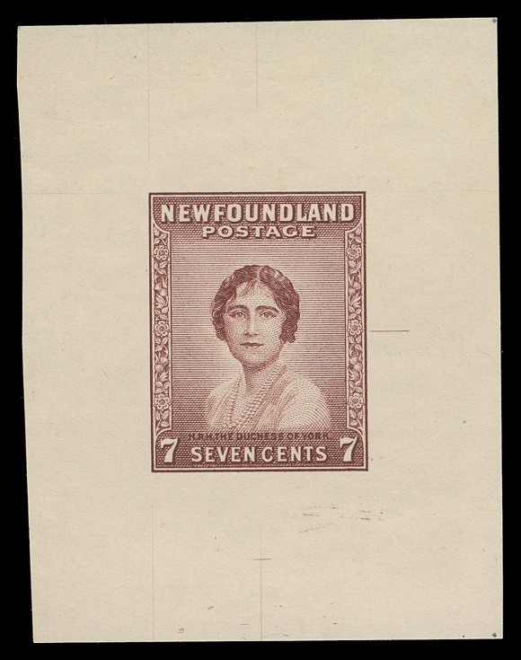 THE AFAB COLLECTION - NEWFOUNDLAND 1897-1947 ISSUES  208,Large Die Proof printed in reddish brown on white wove unwatermarked paper 70 x 97mm, full die sinkage; the approval state without guideline or die number, pencil date "21-7" and "after deepening" at foot. Near complete design, lacking minute dots in cross-hatching below "SEVEN CENTS". Also a proof of same colour & paper 46 x 59mm; the approved die with completed aforementioned details and guideline at right, a very scarce duo, VF