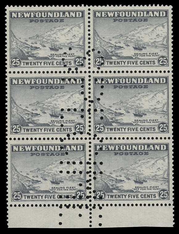 THE AFAB COLLECTION - NEWFOUNDLAND 1897-1947 ISSUES  197,A well centered, mint block of six with margin at foot, nearly complete perforated SPECIME(N), reading down over all stamps, one stamp LH, otherwise VF NH; a striking specimen multiple - very few exist.
