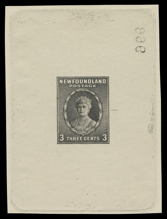 THE AFAB COLLECTION - NEWFOUNDLAND 1897-1947 ISSUES  187,Trial Colour Large Die Proof in black on white wove unwatermarked paper 62 x 82mm, full die sinkage; the final die with guideline and reverse die number "966", XF