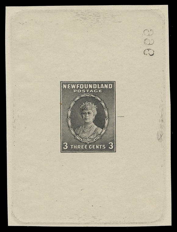 THE AFAB COLLECTION - NEWFOUNDLAND 1897-1947 ISSUES 187,Trial Colour Large Die Proof in black on white wove unwatermarked paper 62 x 82mm, full die sinkage; the final die with guideline and reverse die number "966", XF