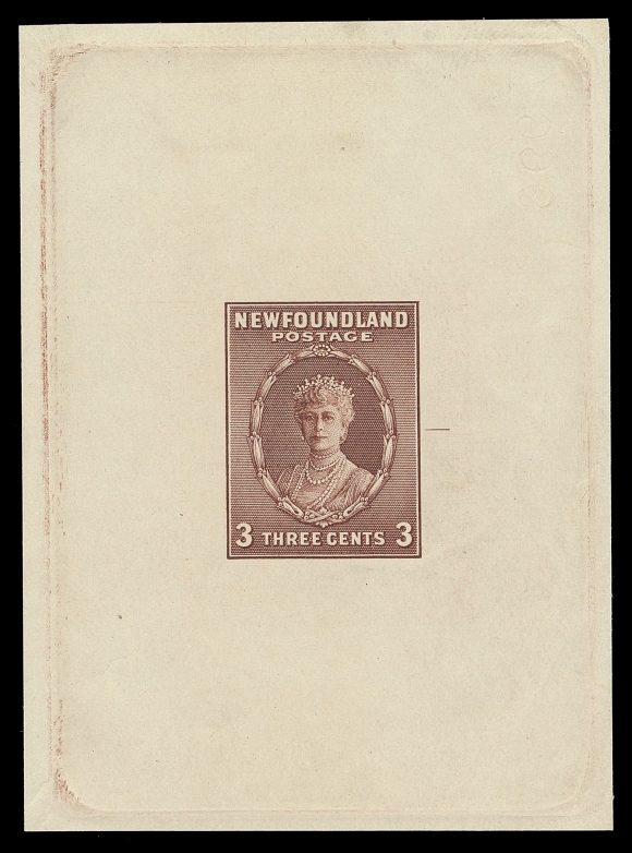 THE AFAB COLLECTION - NEWFOUNDLAND 1897-1947 ISSUES  187,Trial Colour Large Die Proof in red brown on white wove unwatermarked paper 62 x 85mm, full die sinkage; the approved die with guideline and reverse die number "966". A rarely offered proof - unlisted in Minuse & Pratt or on Glen Lundeen BNA proofs website, VF