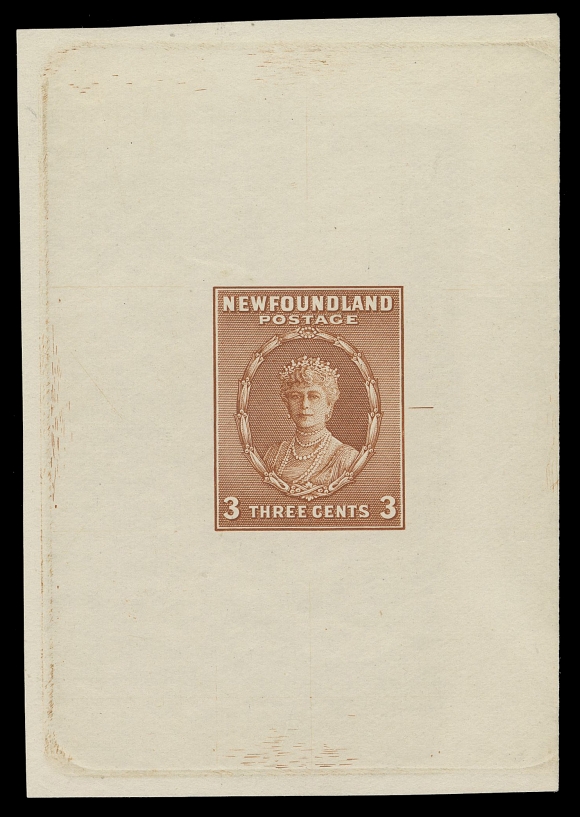 THE AFAB COLLECTION - NEWFOUNDLAND 1897-1947 ISSUES  187,Die Proof in orange brown, colour of issue on white wove unwatermarked wove paper 59 x 84mm; the approved die with guideline but without die number, choice, VF