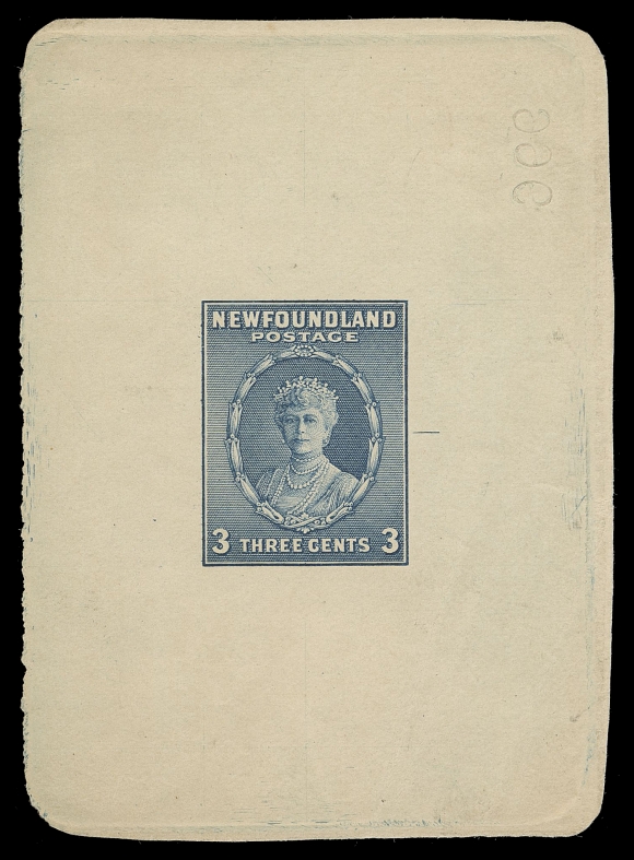 THE AFAB COLLECTION - NEWFOUNDLAND 1897-1947 ISSUES  187,Trial Colour Die Proof in slate blue on white wove unwatermarked paper 82 x 60mm; the final die with guideline and albino reverse die number "966", light creasing away from design, VF and rare, unlisted in Minuse & Pratt, Walsh and Lundeen