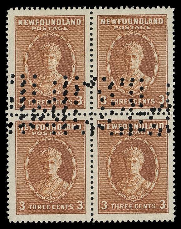 THE AFAB COLLECTION - NEWFOUNDLAND 1897-1947 ISSUES  187,A well centered mint block showing perforated SPECIMEN (inverted and doubled), rarely seen on this denomination, most striking, VF OG