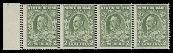 THE AFAB COLLECTION - NEWFOUNDLAND 1897-1947 ISSUES  186ix,A mint horizontal strip of four, completely DOUBLE PERFORATED, showing Plate "2" (reversed) in left margin; a dramatic and extremely rare error, F-VF NHWe sold a similar double perforated multiple in November 2019 - from Die II, a Plate 4 UL block.