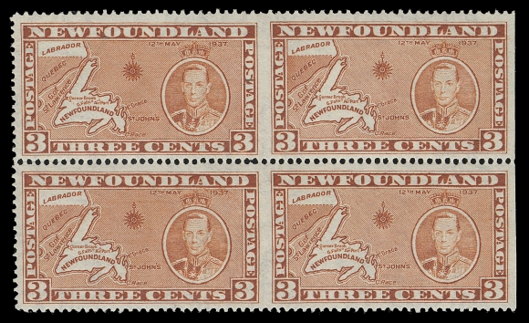 THE AFAB COLLECTION - NEWFOUNDLAND 1897-1947 ISSUES  234d,Pristine fresh and well centered mint block imperforate vertically between and at right, rich colour and full immaculate gum; a very rare perforation error block, XF NH