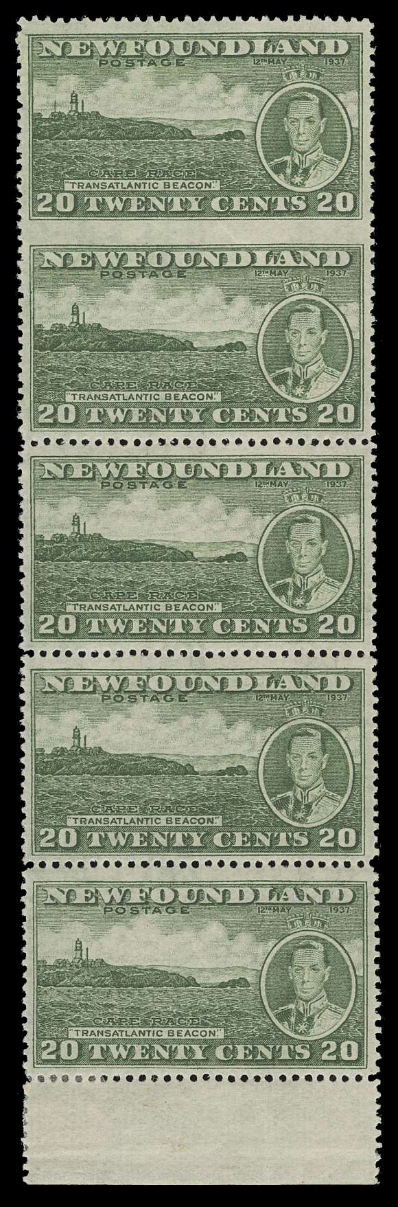 THE AFAB COLLECTION - NEWFOUNDLAND 1897-1947 ISSUES  240a, ii,A spectacular mint vertical strip of five, sheet margin at foot, unusually well centered for the issue, top pair displaying both the "Extra Smokestack" constant plate variety (Pos. 55) as well as being and imperforate between - AN EXTREMELY RARE COMBINATION, we would not be surprised if this is the only such pair in existence, XF LHProvenance: Graham Cooper, Spink, December 2016; Lot 736ONE OF THE MOST IMPORTANT NEWFOUNDLAND KING GEORGE VI VARIETIES, IDEAL FOR AN EXHIBIT COLLECTION.