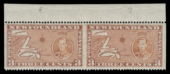 THE AFAB COLLECTION - NEWFOUNDLAND 1897-1947 ISSUES  234i, ii,An exceptional mint horizontal pair with deep rich colour, imperforate vertically and additionally showing the constant "Cigar Stub" plate variety (Pos. 8) on right-hand stamp; faintest trace of hinging. Exceedingly rare - perhaps one or two others exist, ideal for a King George VI specialist, VF VLH
