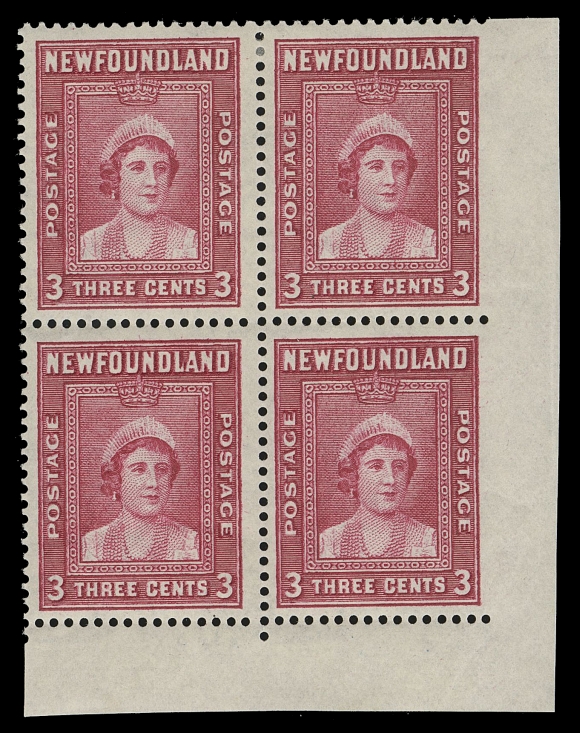 THE AFAB COLLECTION - NEWFOUNDLAND 1897-1947 ISSUES  246 variety,A corner margin block imperforate vertically between the sheet margin and right pair, lower pair is NH. A striking and seldom seen variety, especially as a multiple, VF LH