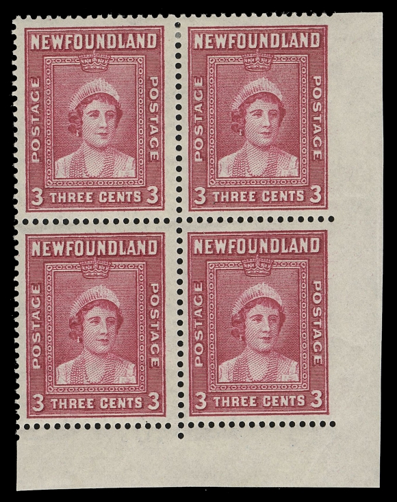 THE AFAB COLLECTION - NEWFOUNDLAND 1897-1947 ISSUES 246 variety,A corner margin block imperforate vertically between the sheet margin and right pair, lower pair is NH. A striking and seldom seen variety, especially as a multiple, VF LH