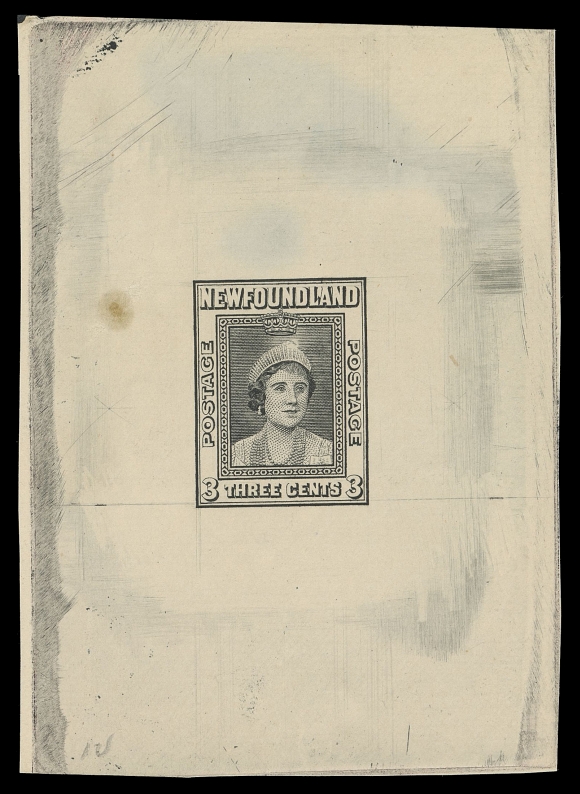 THE AFAB COLLECTION - NEWFOUNDLAND 1897-1947 ISSUES 246,Two drastically different trial colour progressive die proofs - one shows the vignette and surrounding frame only, the other shows a near complete design lacking shading along letters, denominations and in and around the tiara. Both printed in black on white wove unwatermarked paper 66 x 90mm & 64 x 88mm respectively; small stain spot on each well away from design, eye-appealing and rarely seen, VF