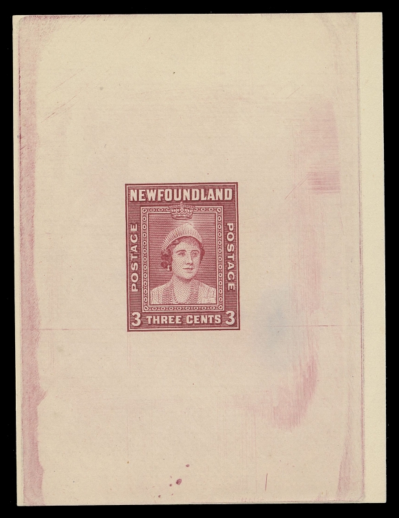THE AFAB COLLECTION - NEWFOUNDLAND 1897-1947 ISSUES  246,A superb lot of four distinctive Progressive Die Proofs, printed in carmine on white wove unwatermarked paper, displaying different stages of the engraving as follows:1) partially shaded vignette & Crown, with surrounding frames2) shaded vignette & Crown, with surrounded frames3) nearly complete, no shading along surrounding lettering and denominations4) nearly complete, unfinished tiara and incomplete between tiara and Crown.Interestingly enough, 1) and 4) are not listed in Minuse & Pratt handbook or Lundeen.All four proofs are in choice condition, measuring approx 62-67 x 89-92mm and show nearly complete die sinkage area. A very rare group and an ideal showpiece, XF
