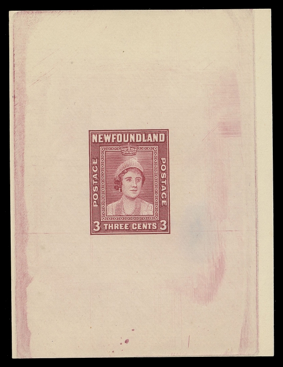 THE AFAB COLLECTION - NEWFOUNDLAND 1897-1947 ISSUES 246,A superb lot of four distinctive Progressive Die Proofs, printed in carmine on white wove unwatermarked paper, displaying different stages of the engraving as follows:
1) partially shaded vignette & Crown, with surrounding frames
2) shaded vignette & Crown, with surrounded frames
3) nearly complete, no shading along surrounding lettering and denominations
4) nearly complete, unfinished tiara and incomplete between tiara and Crown.
Interestingly enough, 1) and 4) are not listed in Minuse & Pratt handbook or Lundeen.
All four proofs are in choice condition, measuring approx 62-67 x 89-92mm and show nearly complete die sinkage area. A very rare group and an ideal showpiece, XF