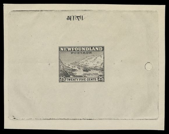 THE AFAB COLLECTION - NEWFOUNDLAND 1897-1947 ISSUES  265,Large Trial Colour Die Proof in black on white wove unwatermarked wove paper 94 x 72mm, full die sinkage; the rare Waterlow Die with characteristic circular mark and tiny crossed guidelines at sides, reverse die number "17114" at top. A very desirable Waterlow die proof created from the salvaged Perkins Bacon die of the May 1941 "Blitz", VF