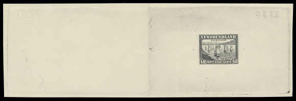 THE AFAB COLLECTION - NEWFOUNDLAND 1897-1947 ISSUES 266,Large Die Proof in black on white wove unwatermarked paper 202 x 66mm with intact, untrimmed as originally prepared are rarely seen thus, full die sinkage and reverse albino die number "1232", characteristic small circle at left and tiny cross guidelines on sides of design. A rare Waterlow & Son Die Proof and a wonderful item for exhibition, XF; ex. St. Aylott Collection (August 2010; Lot 425)