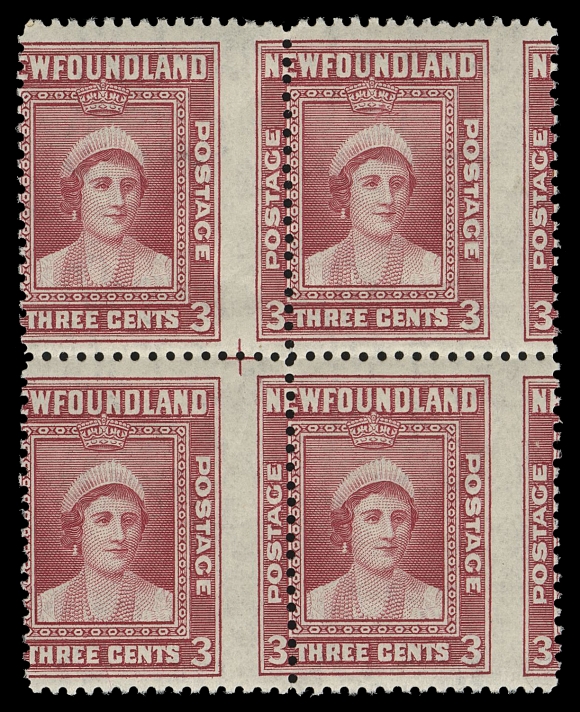 THE AFAB COLLECTION - NEWFOUNDLAND 1897-1947 ISSUES  255 variety,Cross guideline centre of sheet positional mint block showing a major shift of the vertical perforations (5mm to right), VF NH and visually striking.
