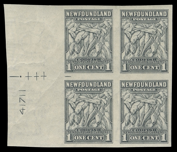 THE AFAB COLLECTION - NEWFOUNDLAND 1897-1947 ISSUES  253a,Left margin mint imperforate left-centre plate "41711" block, showing marginal crosses and guidelines; light gum bends as usual with these Waterlow printings. A very rare plate block, VF NH