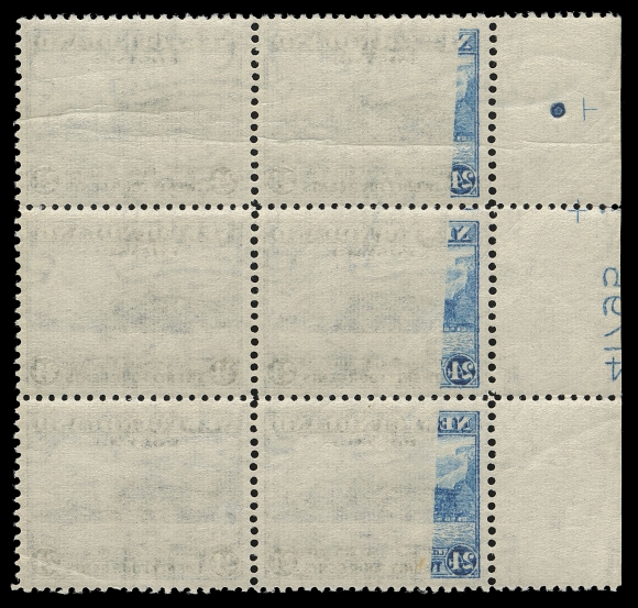 THE AFAB COLLECTION - NEWFOUNDLAND 1897-1947 ISSUES  263i, 264ii variety,Lower right plate "41796" block of four and left centre plate "41795" block of six respectively; 24c with crease on top pair; each with strong partial reverse offset on gum side on two and three stamps; very seldom seen as such and especially desirable on plate number blocks, VF NH
