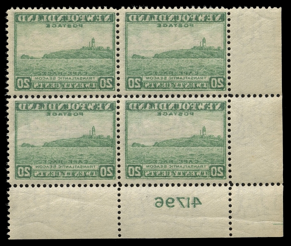 THE AFAB COLLECTION - NEWFOUNDLAND 1897-1947 ISSUES  263i,Lower left plate "41796" block, displaying a remarkably full reverse offset on gum side including the plate number. Perhaps unique, VF NH (Cat. as four singles)