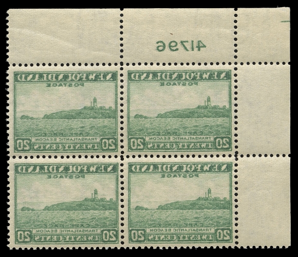 THE AFAB COLLECTION - NEWFOUNDLAND 1897-1947 ISSUES  263i,Upper left plate "41796" block displaying a remarkably full reverse offset on gum side including the plate number. Perhaps the only known UL block, VF NH (Cat. as four singles)