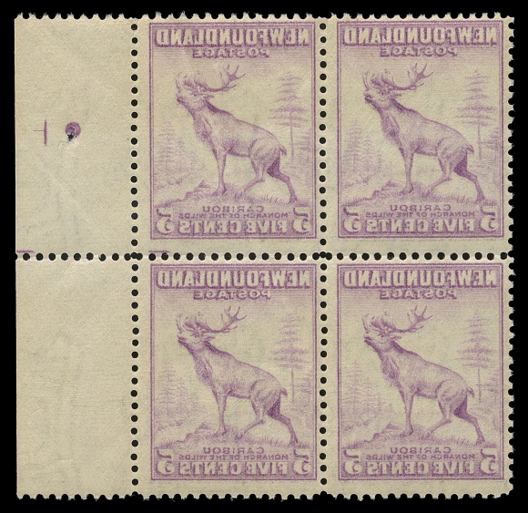 THE AFAB COLLECTION - NEWFOUNDLAND 1897-1947 ISSUES  257vi,Right centre margin mint block with positional guide dot,  displaying an impressive full reverse offset on gum side - all  stamps and marginal markings. Quite possibly the sole such  surviving block, F-VF NH (cat. as four Fine NH singles)